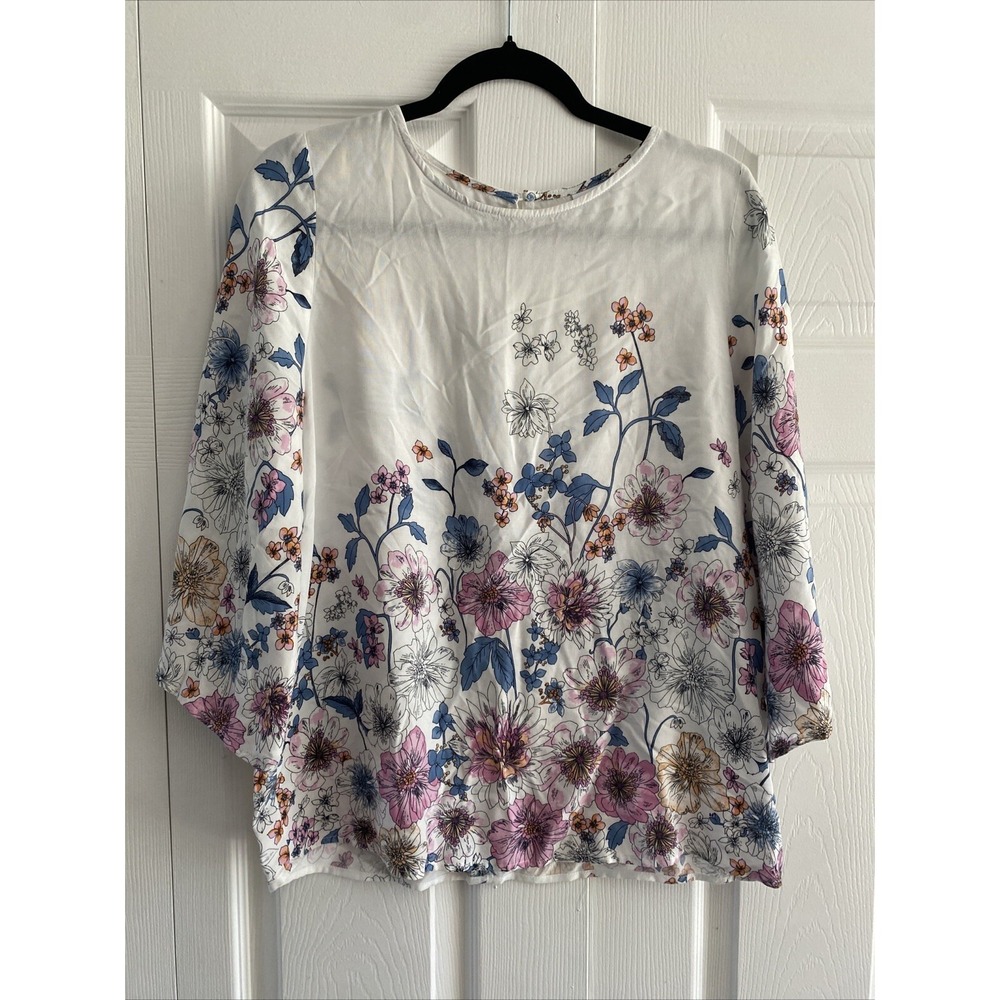 Lascana Floral Bell Sleeve Blouse Womens Size L White Pink Blue Boho Fem Fairy
